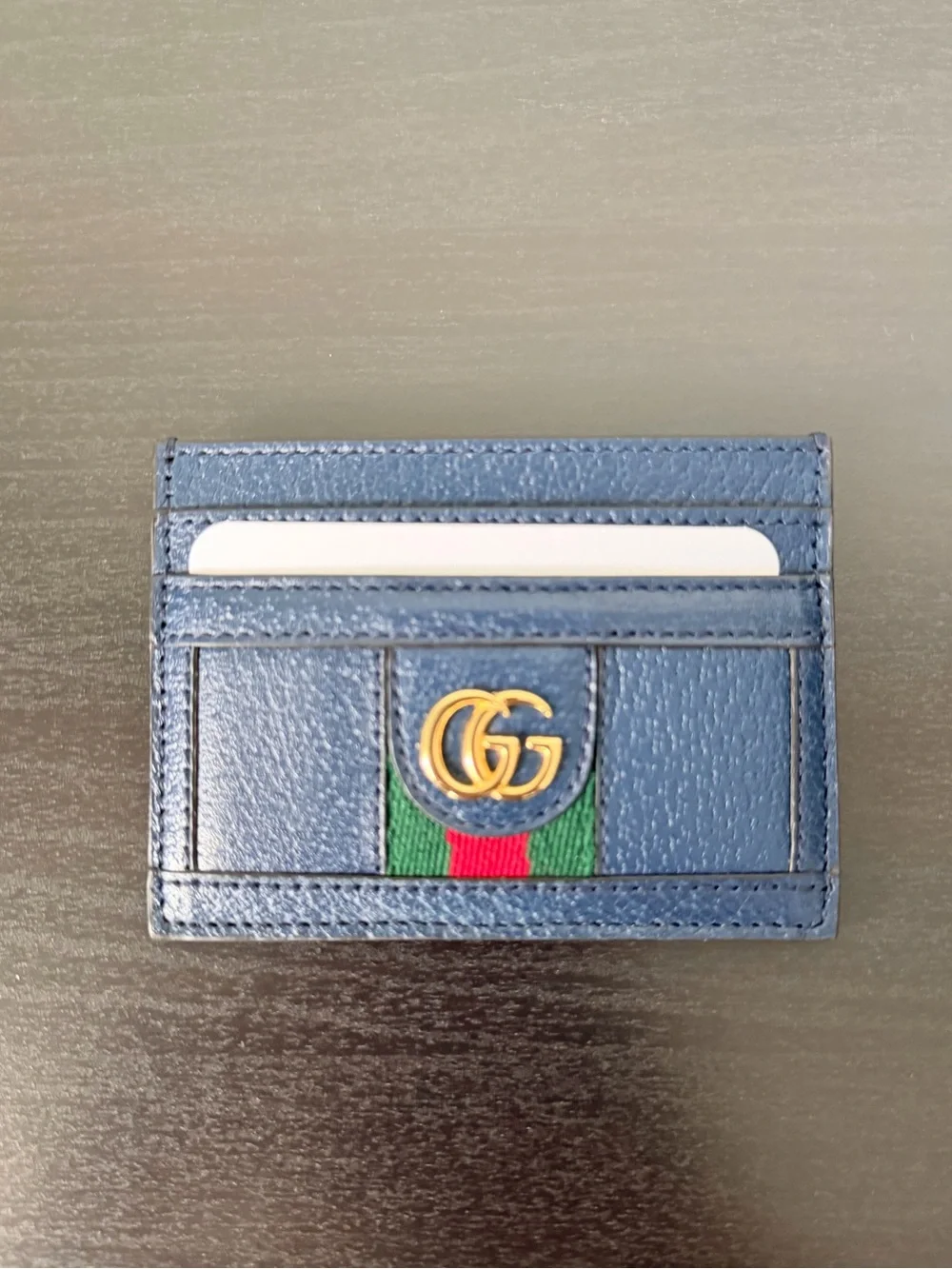 NWT- Gucci Navy Leather Card Holder with Green-Red Web and Gold GG